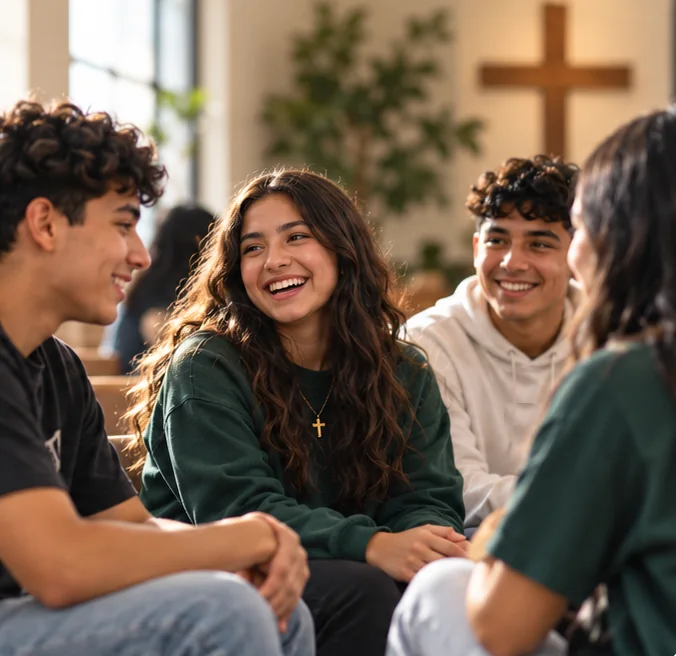 Jóvenes conversando y riendo en la iglesia